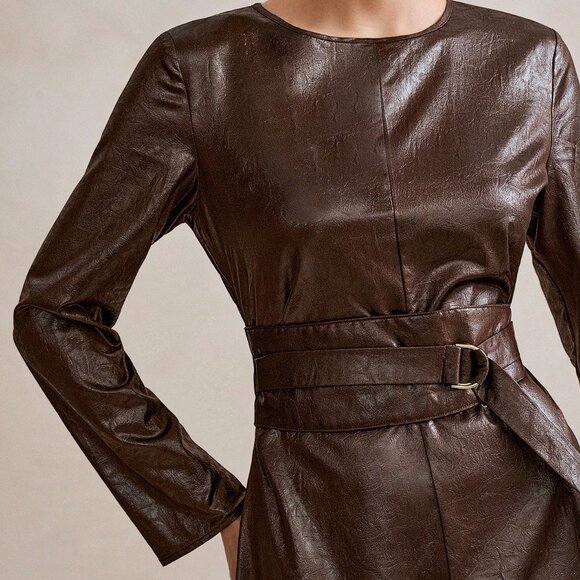 Brown Bohemian Women's Maxi Dress with Round Neck, Cinched Waist, Belt Detail - Picture 4 of 6